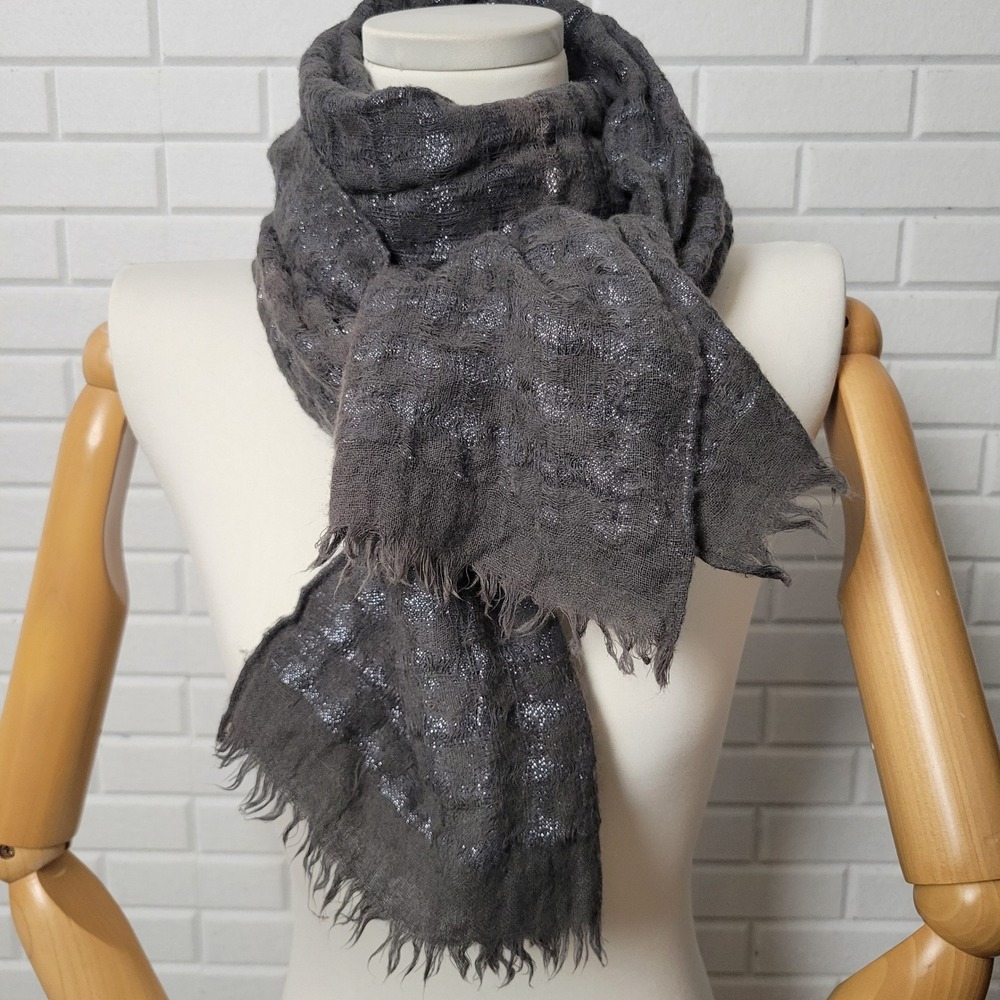 Eileen Fisher Scarf Charcoal Gray Wool Metallic Textured Oblong 15X62 Vtg - Picture 6 of 8